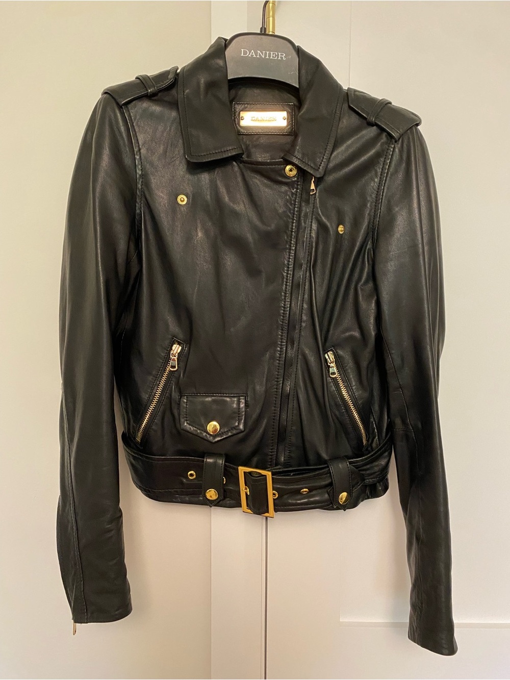 Danier Black Leather Biker Jacket Gold Hardware - Size 3XS (Fits US 00/0)